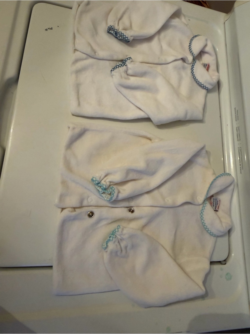 2 Vintage White Baby Fleece Snap Romper with Blue Trim